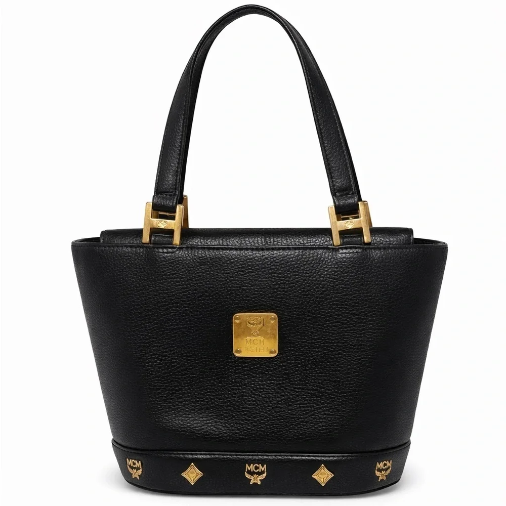 MCM Black Mini Tote with Gold Accents and Trapezoid Shape